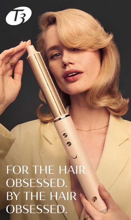 T3. For the hair obsessed by the hair obsessed. Image of model holding product.