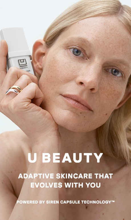 Ubeauty. Adaptative skinare that evolves with you. powered by siren capsule technology. image of model with product.