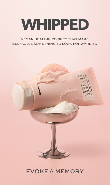 whipped. vegan healing recipes that make self-care something to look forward to. evoke a memory. image of product in glass.