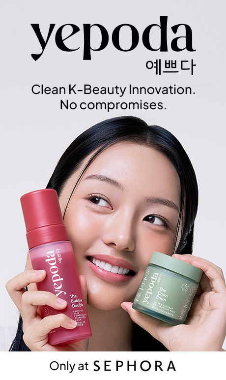 yepoda. clean k-beauty innovation. no compromises. only at sephora. image of model holding product.