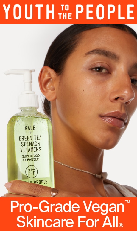 Youth to the People. Pro-grade vegan skincare for all. Image of model with product bottle.