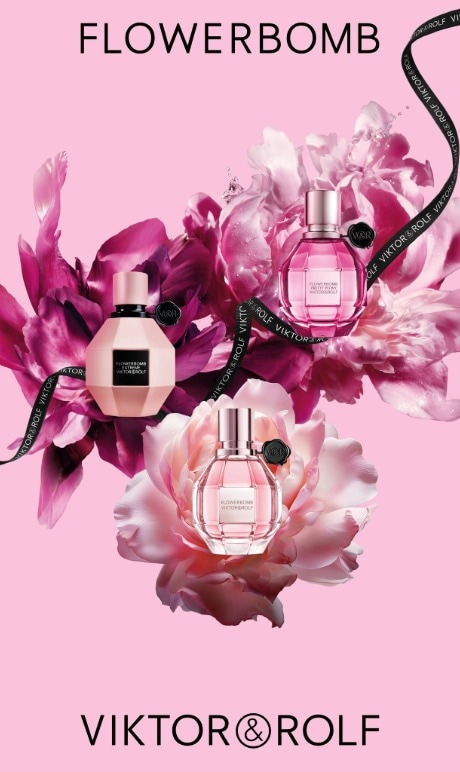 Viktor & Rolf. Flowerbomb image of fragrance bottles. 