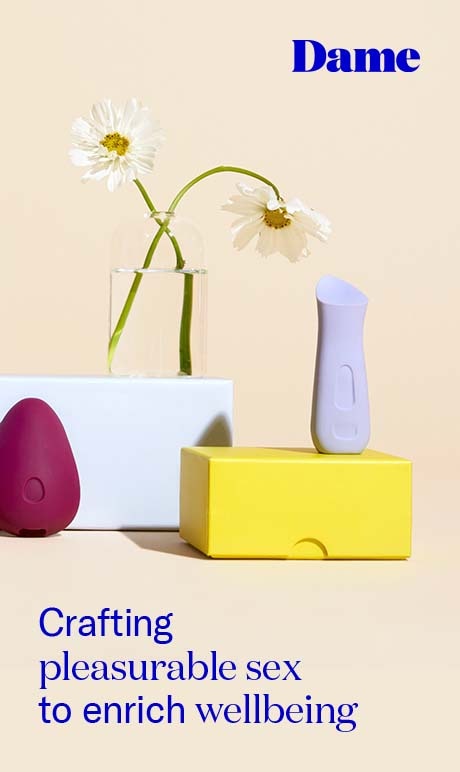 Dame. Crafting pleasurable sex to enrich wellbeing. Image of products and flowers. 
