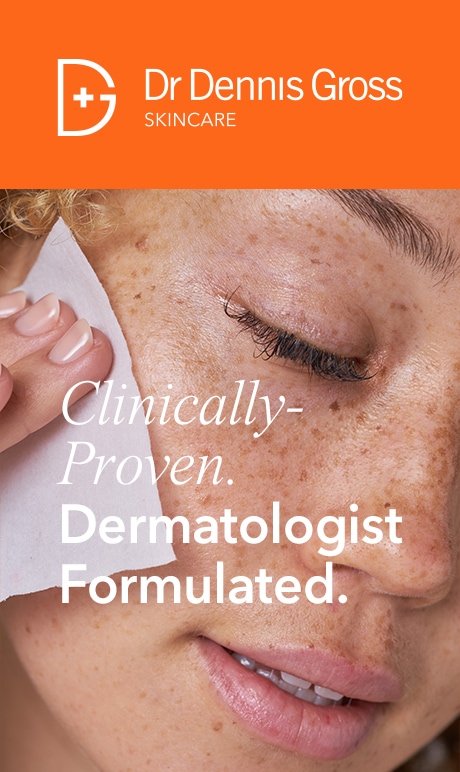 Dr. Dennis Gross Skincare. Clinically proven dermatologist formulated | Model rubbing skincare wipe on face