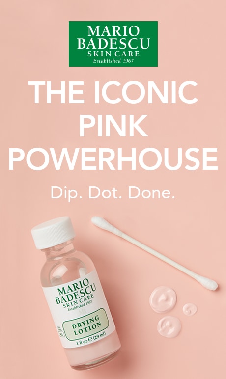 Mario Badescu Skin Care. Established 1967. The iconic Pink Powerhouse. Dip. Dot. Done. Image of Drying Lotion. 