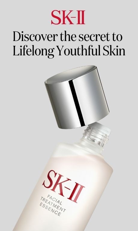 SK-II. Discover the secret to Lifelong Youthful Skin. Bottle of product. 