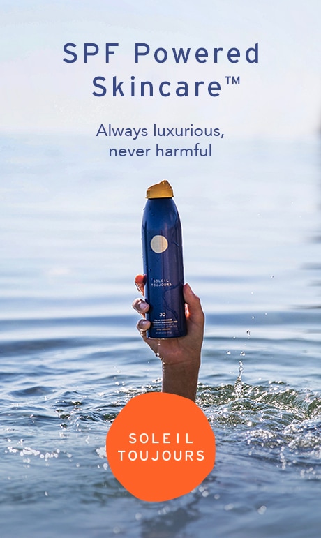 SPF Powered Skincare. Always luxurious, never harmful. Hand holding product. Soleil Toujours.