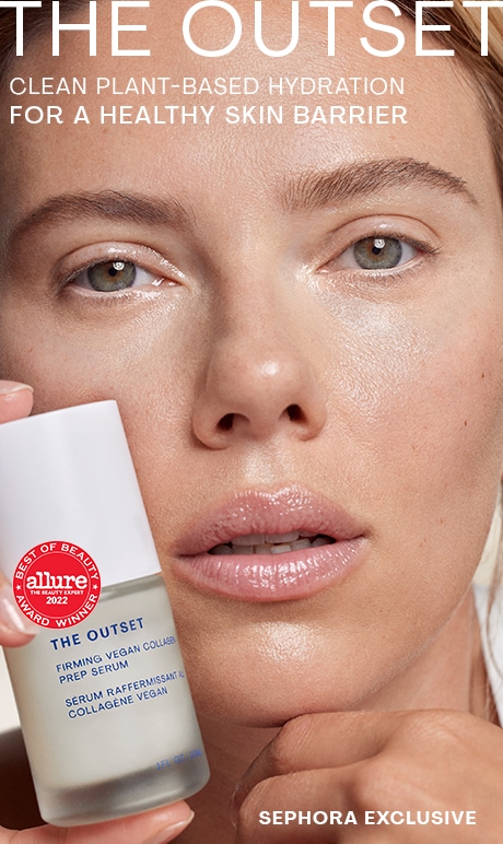 The Outset. Clean Plant-Based Hydration. For a Healthy Skin Barrier. Sephora Exclusive. Scarlet Johanson holding product.