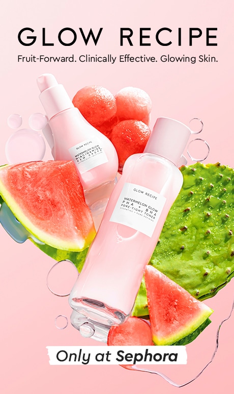 Glow Recipe | Fruit-Forward. Clinically Effective. Glowing Skin |only at sephora | skincare bottles and watermelon fruit