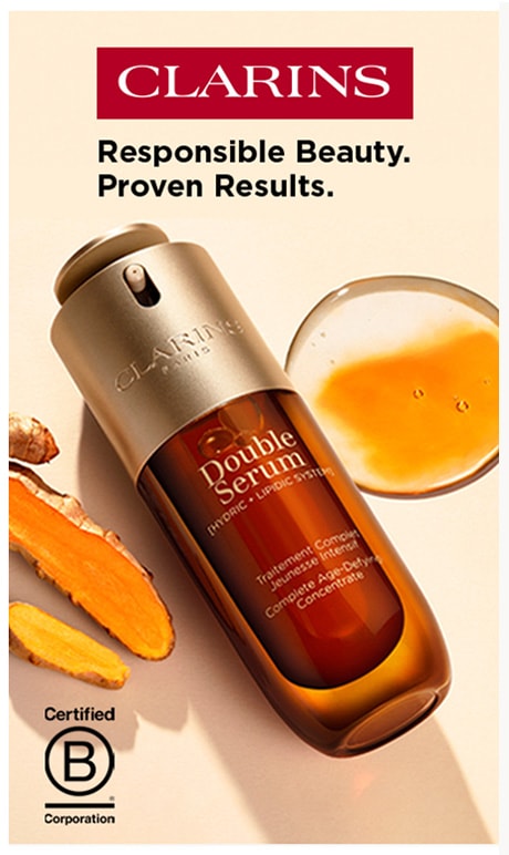 Clarins. Responsible beauty, driven results. B crop certification. Image of product.