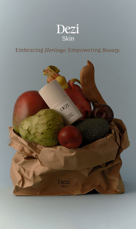 dezi skin. embracing heritage, empowering beauty. image of product in bag with produce.