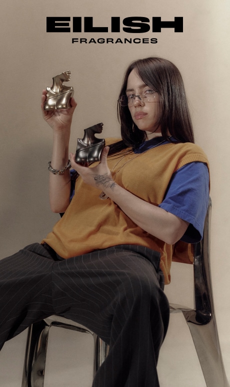 eilish fragrances. image of founder with products.