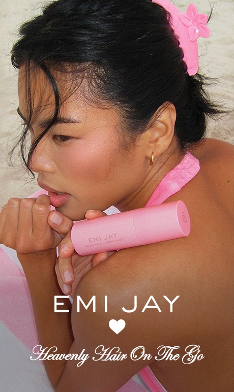 Emi Jay. Heavenly hair on the go. Image of model with products.