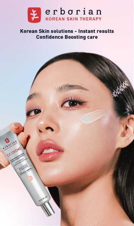 Erborian. korean skin therapy. Korean skin solutions - instant results confidence boosting care. image of model with product.