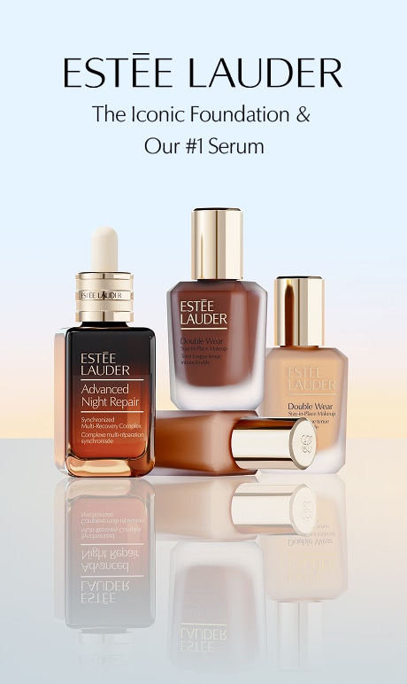 estee lauder. the iconic foundation and our #1 serum. image of products.