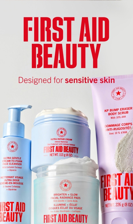 first aid beauty. designed for sensitive skin. image of products.