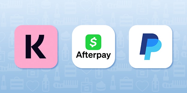 The image displays three payment app logos: Klarna, Afterpay, and PayPal, set against a blue background with beauty-themed icons including lipstick, hearts, fragrance, and skincare products.