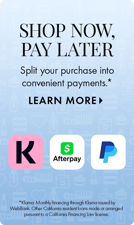Light blue background with text: “Shop Now, Pay Later. Split your purchase into convenient payments. Learn More.” Below are the Klarna, Afterpay, and PayPal logos. Small text at bottom explains Klarna monthly financing terms.