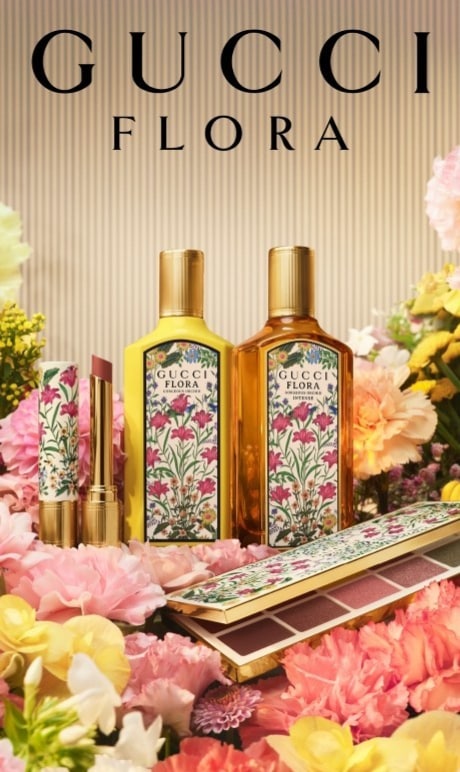 Gucci Flora. Image of fragrace bottle and other products.