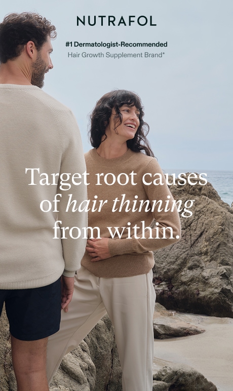 Nutrafol. #1  dermatologist-recommended hair growth suppliment brand. target the causes of hair thinning from within. image of model on beach.
