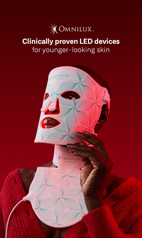 omnilux. clinically proven led devices for younger-looking skin. image of model wearing product.
