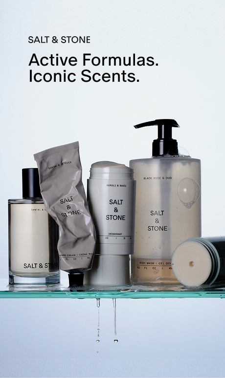 Salt & Stone. Active Formulas. Iconic Scents. Image of products.