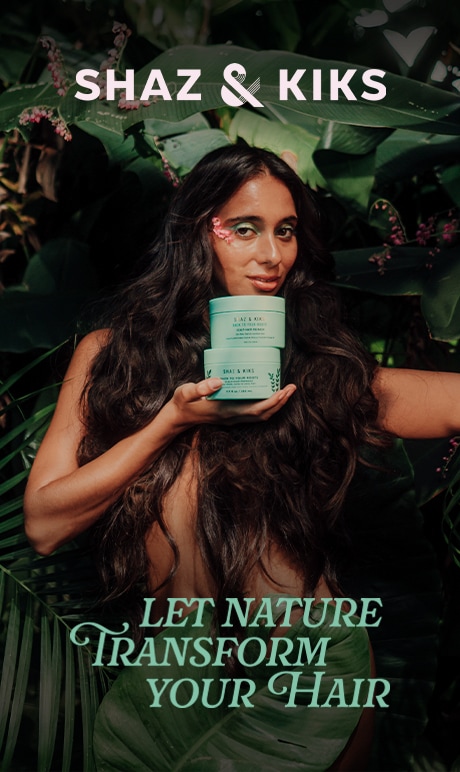 Shaz & kiks let nature transform your hair. image of model holding product.