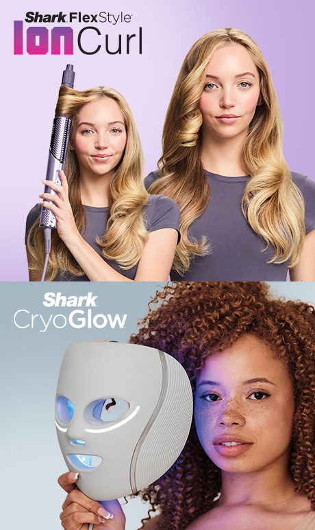shark flex style. ion curl. shark cryo glow. image of model holding products. 