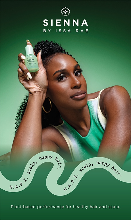 Sienna by Issa Ray. image of founder holding product. tagline “H.A.P.I. scalp, happy hair” and “Plant-based performance for healthy hair and scalp.”