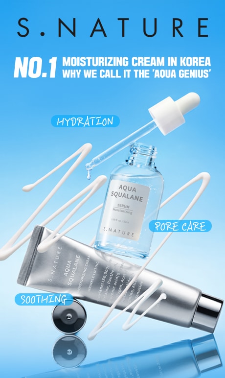 S.NATURE. NO.1 moisturizing cream in korea. why we call it the "aqua genius" hydration. pore care. soothing. image of product bottle.