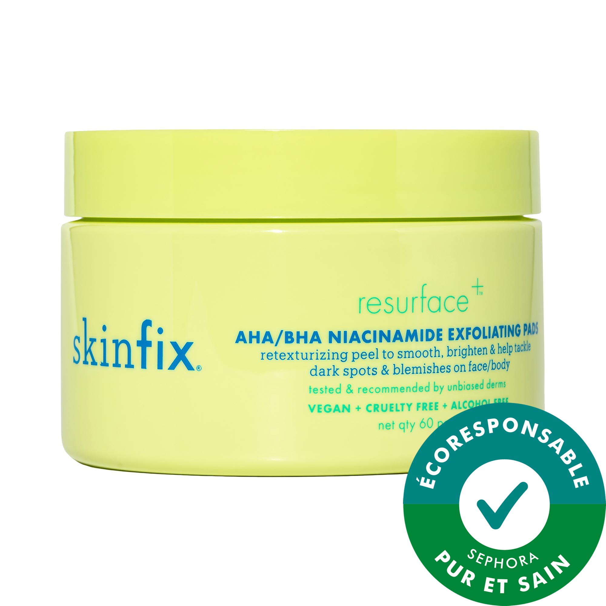 Skinfix Coussinets exfoliants aux enzymes AHA/BHA et à la niacinamide Resurface+ pour visage et corps ciblé 60 pads
