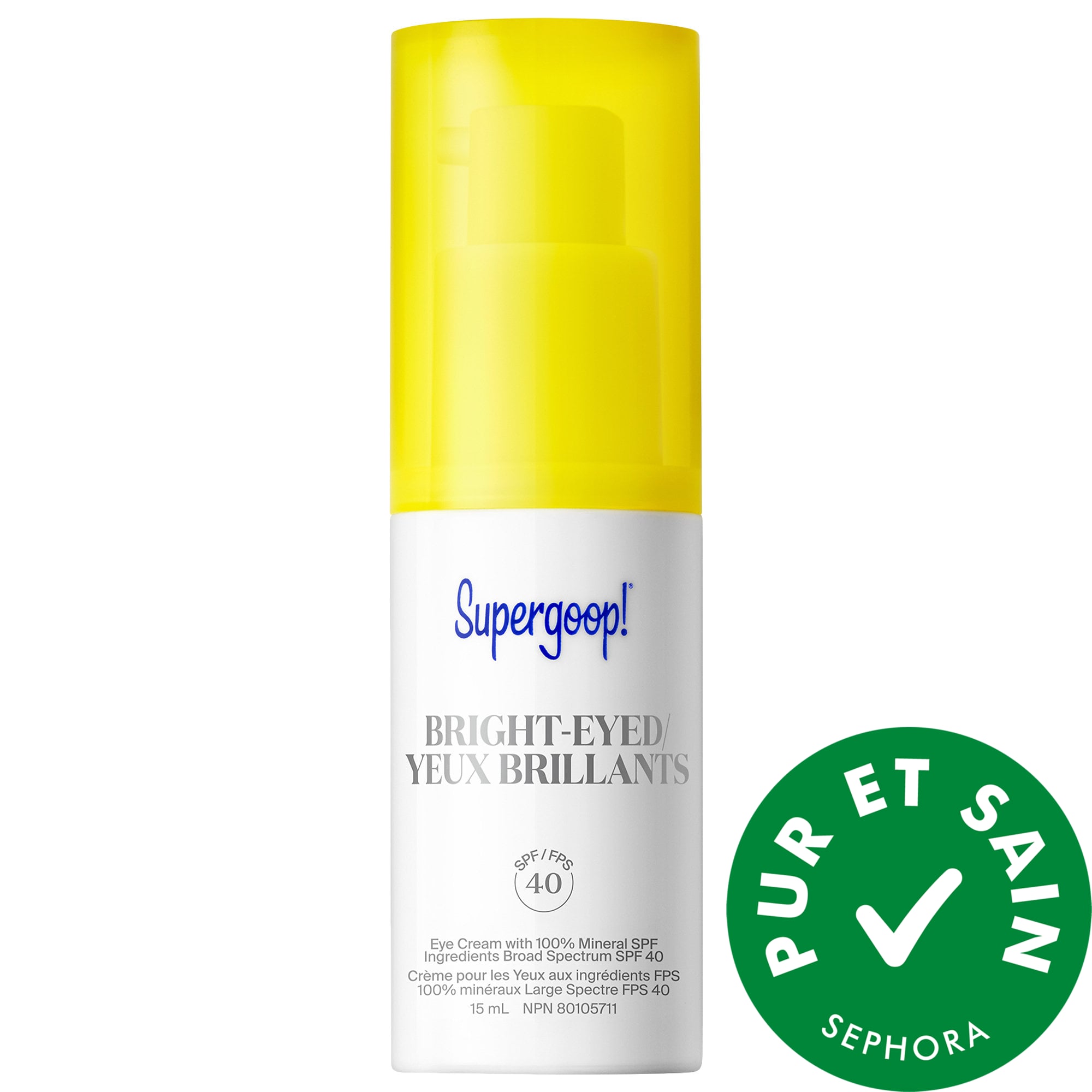 Supergoop! Crème contour des yeux 100 % minérale FPS 40 PA Bright-Eyed+++ 0.5 oz/ 15 mL