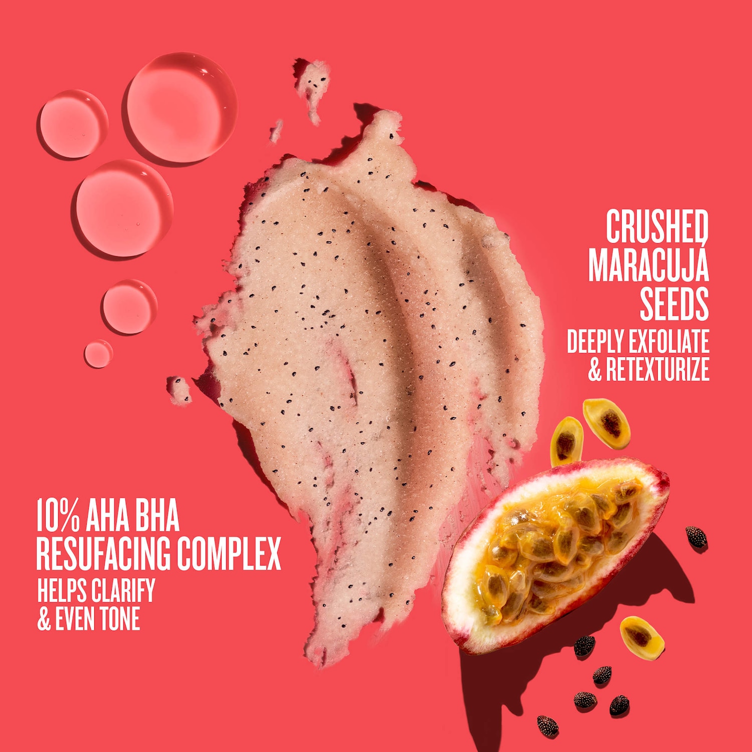 Exfoliant pour le corps Bom Dia avec le complexe resurfaçant qui contient 10 % d’AHA et de BHA + des graines de maracujá broyées