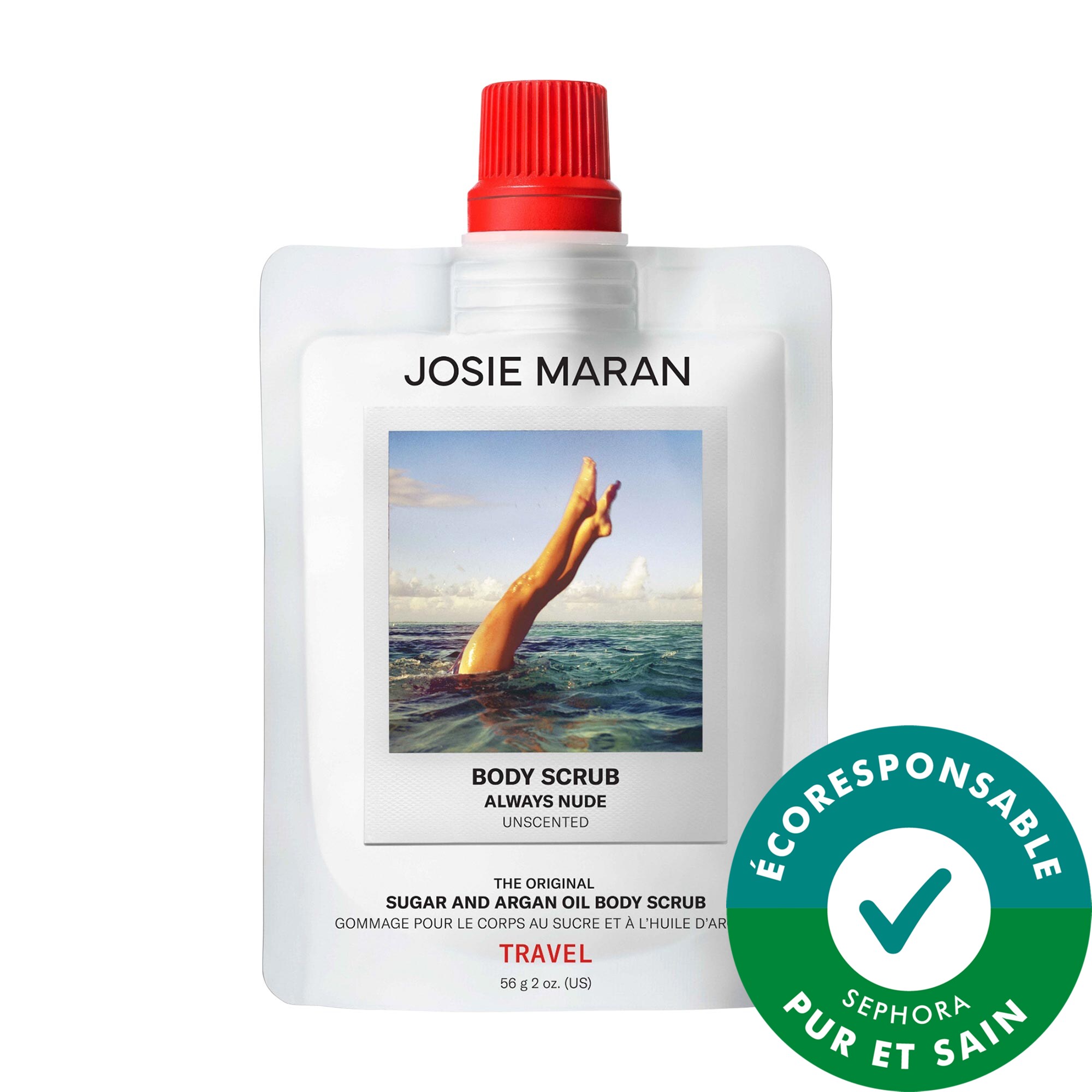 JOSIE MARAN Mini baume exfoliant pour le corps rechargeable à l'huile d'argan et au sucre Always Nude (non parfumé) 2 oz