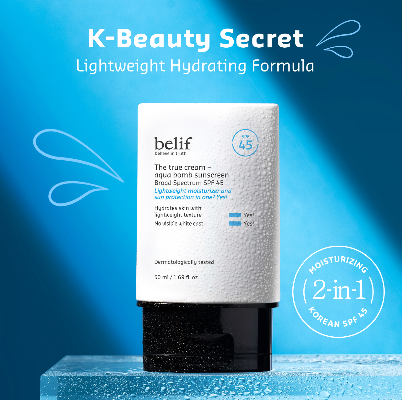 Корейский увлажняющий солнцезащитный крем для лица SPF 45 belif The True Cream Aqua Bomb — фото 3