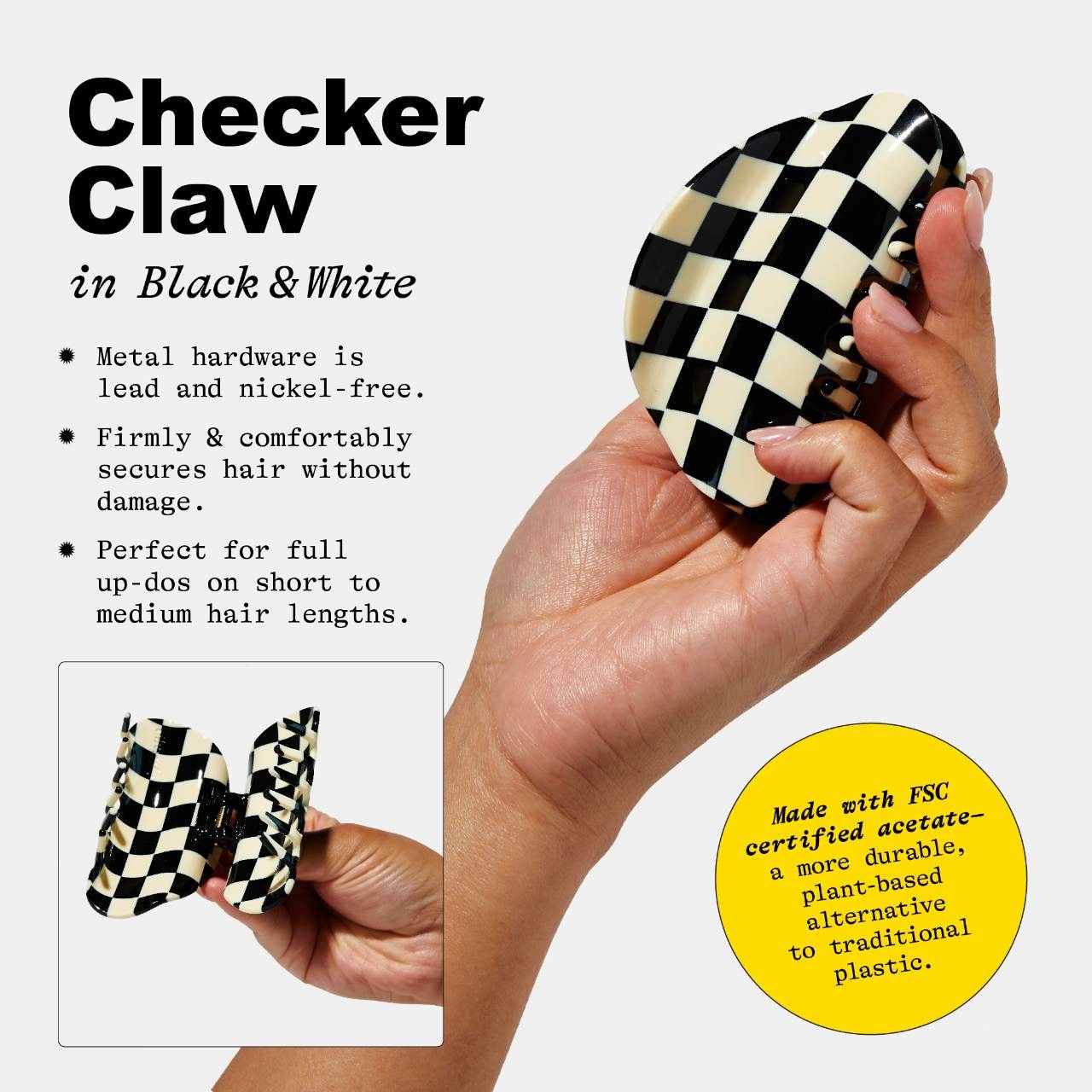 Заколка-краб Chunks Medium Checker, Black + White — фото 7