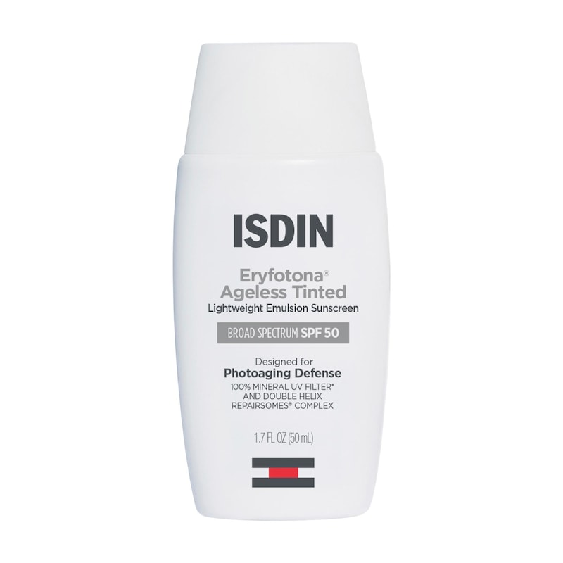 ISDIN Eryfotona Ageless Ultralight Tinted Mineral Sunscreen SPF 50 to even tone and fight photoaging with Peptides and Vitamin E 50