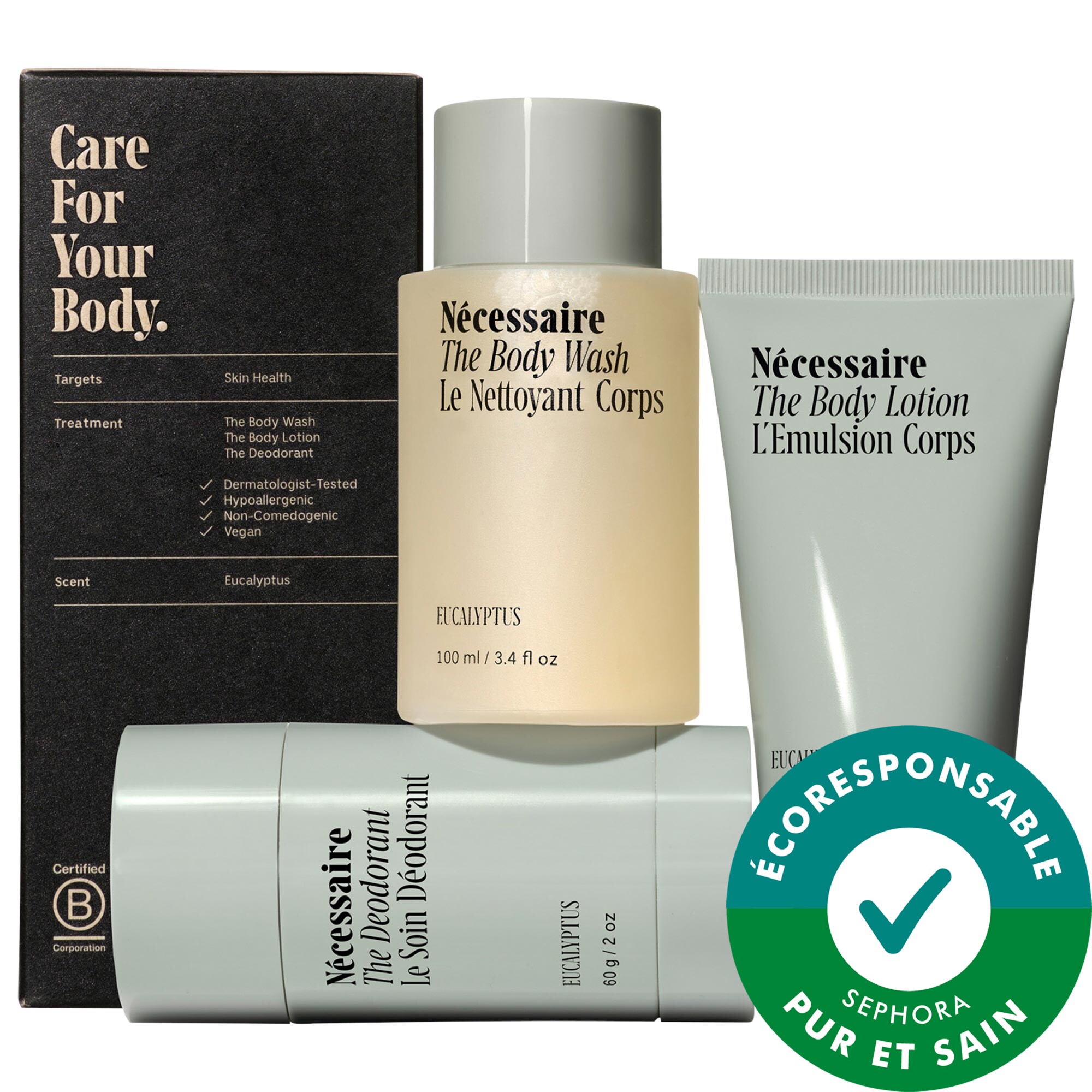 Nécessaire Ensemble d'essentiels pour le corps à l'Eucalyptus: format découverte et de voyage