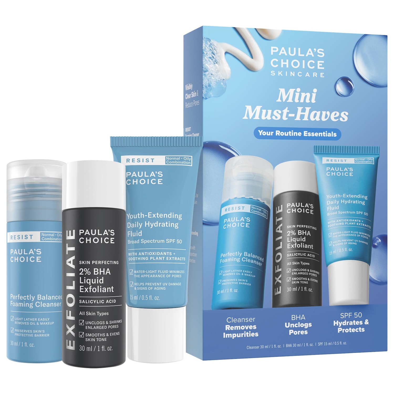 Мини-набор Paula's Choice Must-Haves: тоник с 2% BHA, пенка для умывания и SPF 50 — фото 1