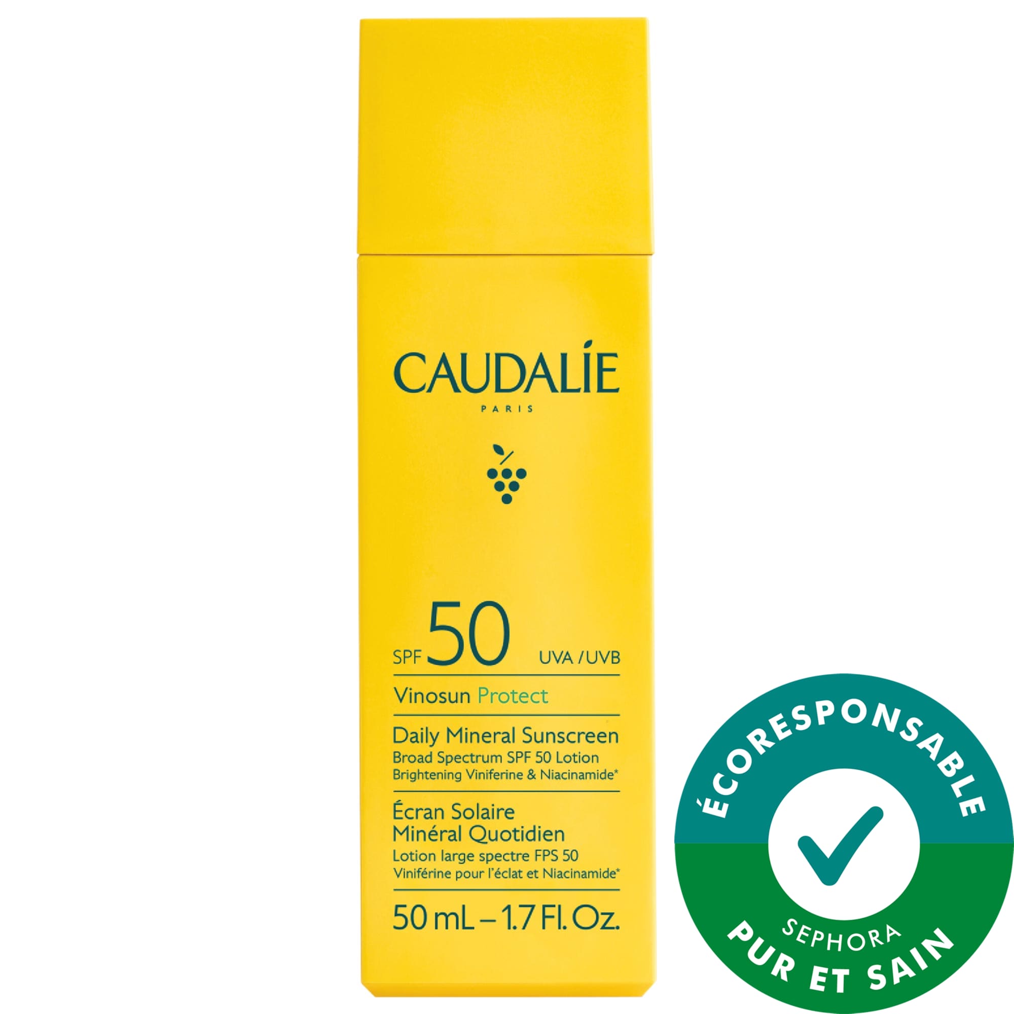 Caudalie Écran solaire minéral quotidien illuminant FPS 50 avec niacinamide Vinosun Protect 1.7 oz/50 mL