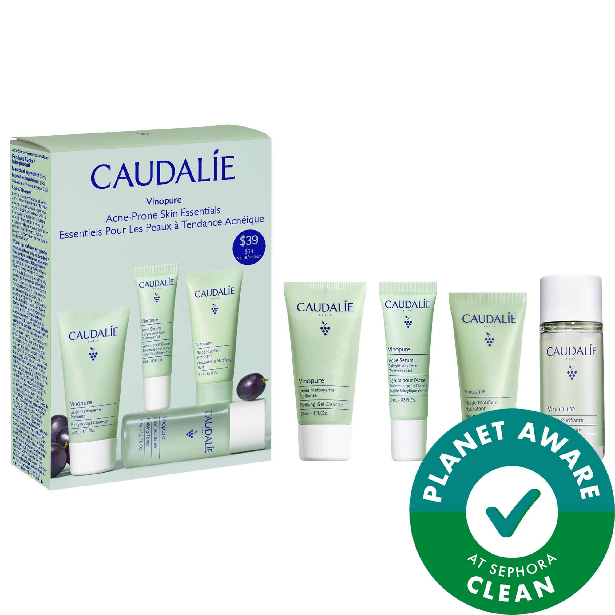 Caudalie Vinopure Acne-Prone Skin Essentials serum: 0.3oz - toner: 1.6oz - gel: 1oz - fluid: 0.5oz/serum: 10mL - toner: 50mL - gel: 30mL - fluid: 15mL