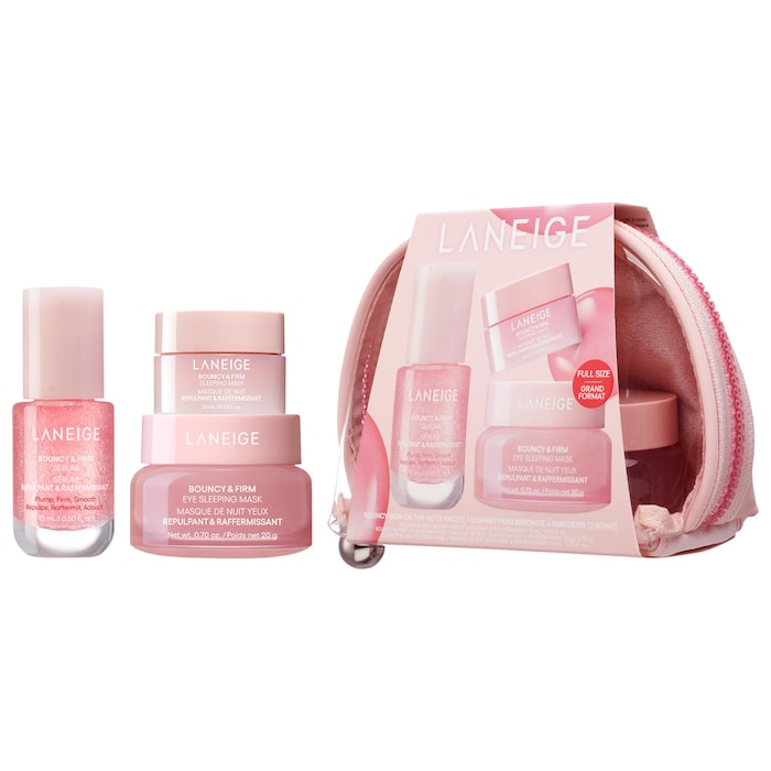 A pink bag with three jars of skincare products