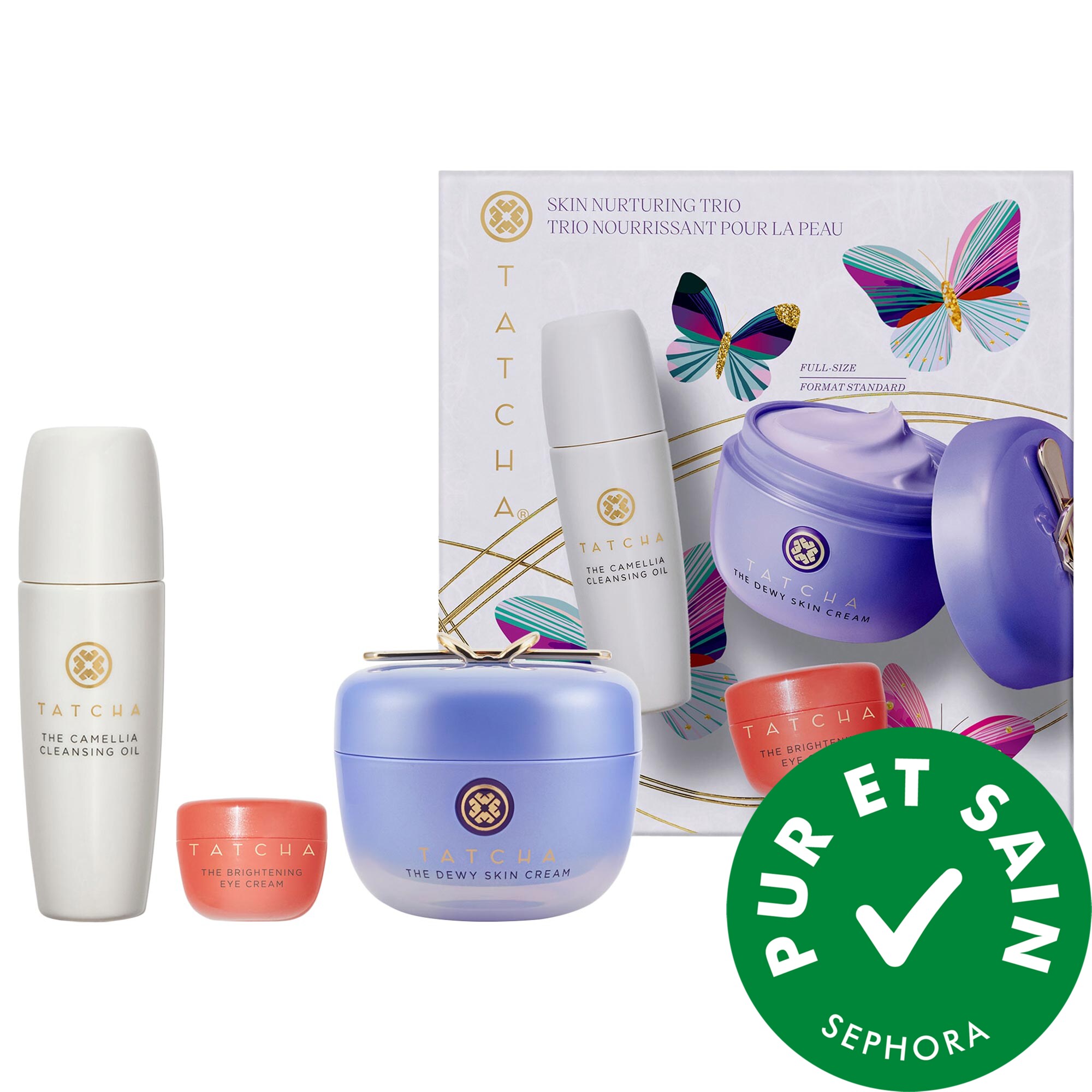 Tatcha Ensemble de trois essentiels pour soigner et nourrir la peau. THE CAMELLIA CLEANSING OIL 1.7 fl. oz. THE DEWY SKIN CREAM 1.7 fl. oz. THE BRIGHTENING EYE CREAM 0.17 fl. oz./THE CAMELLIA CLEANSING OIL 50ML THE DEWY SKIN CREAM 50ML THE BRIGHTENING EYE