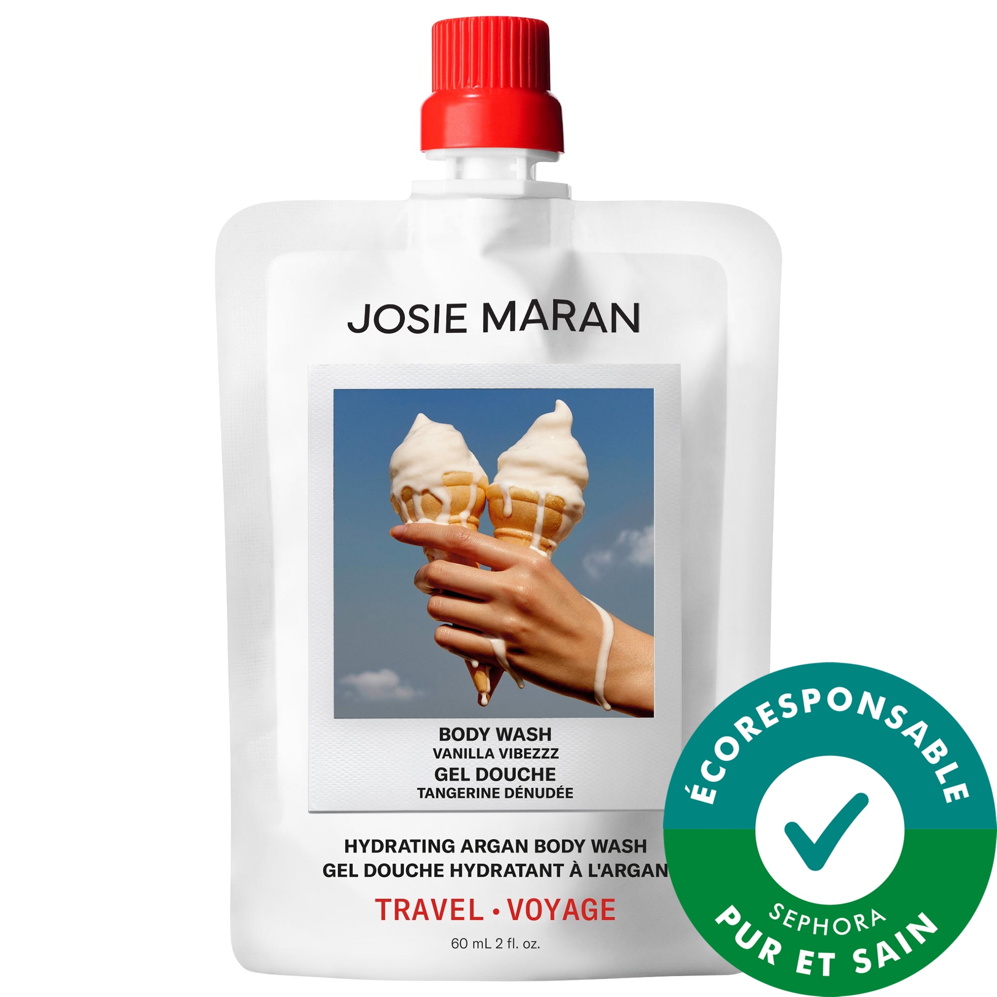 JOSIE MARAN Vanilla Vibzzz - Minigel douche hydratant et nettoyant à l'argan rechargeable 2 oz/60 mL