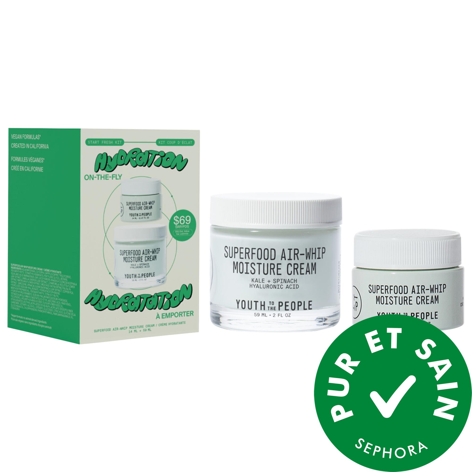 Youth To The People Hydratation en vol Superfood Air-Whip Hydratant pour le visage en taille complète + mini ensemble avec acide hyaluronique 2 oz Full Size + 0.47 oz Mini