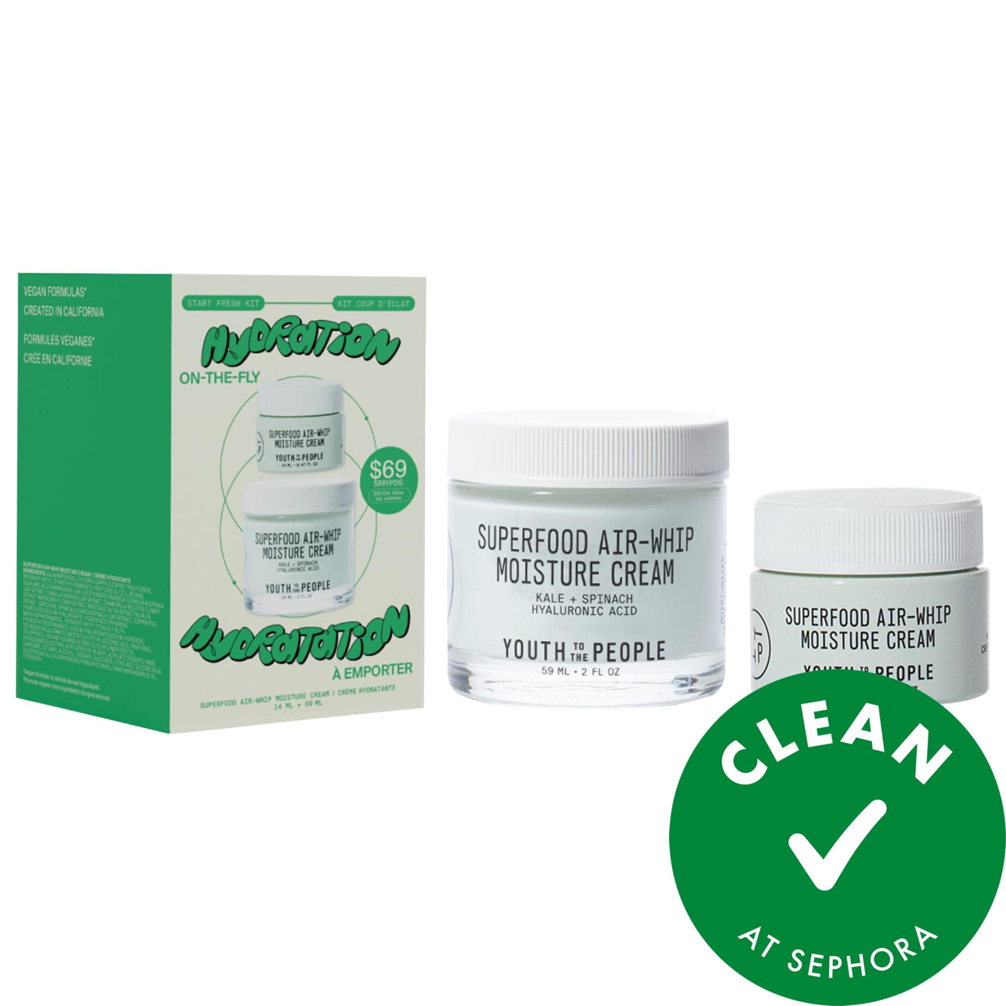 Youth To The People Hydration on the Fly Superfood Air-Whip Face Moisturizer Full Size + Mini Set with Hyaluronic Acid 2 oz Full Size + 0.47 oz Mini