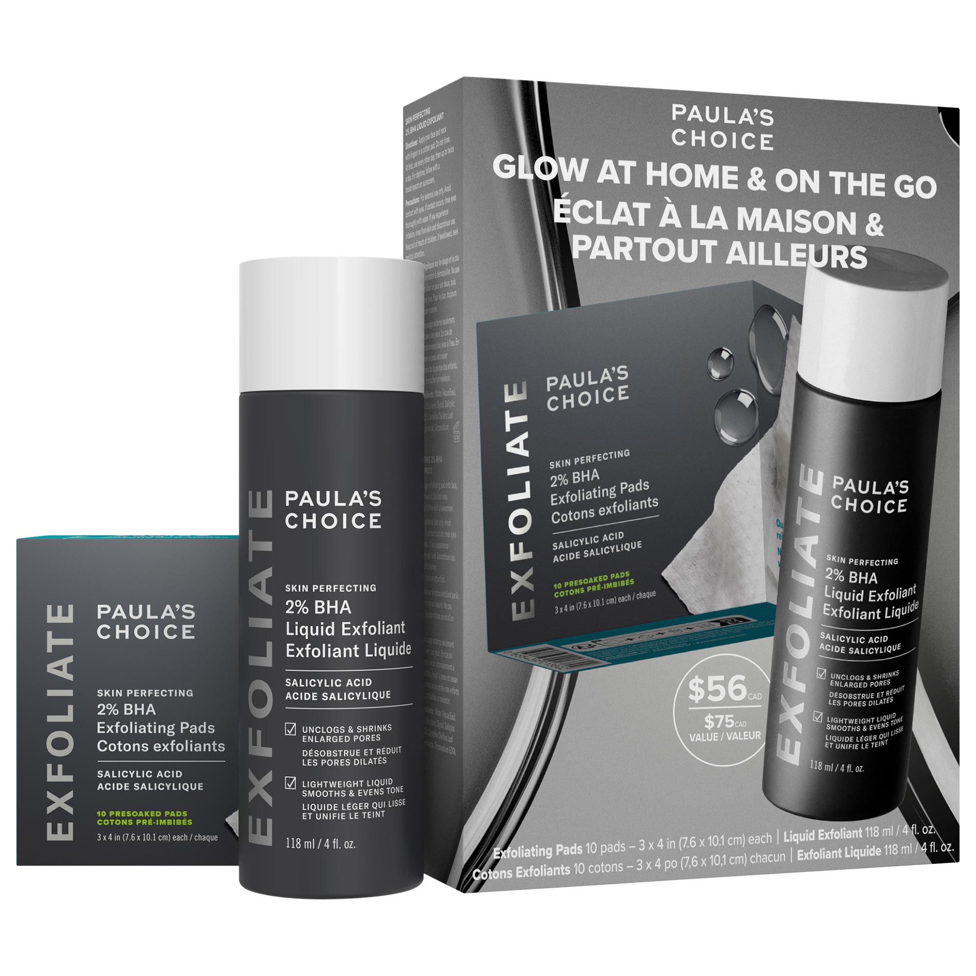 Paula's Choice Home & Away Kit with 2% BHA Exfoliating Toner & Toner Pads for Clear Skin