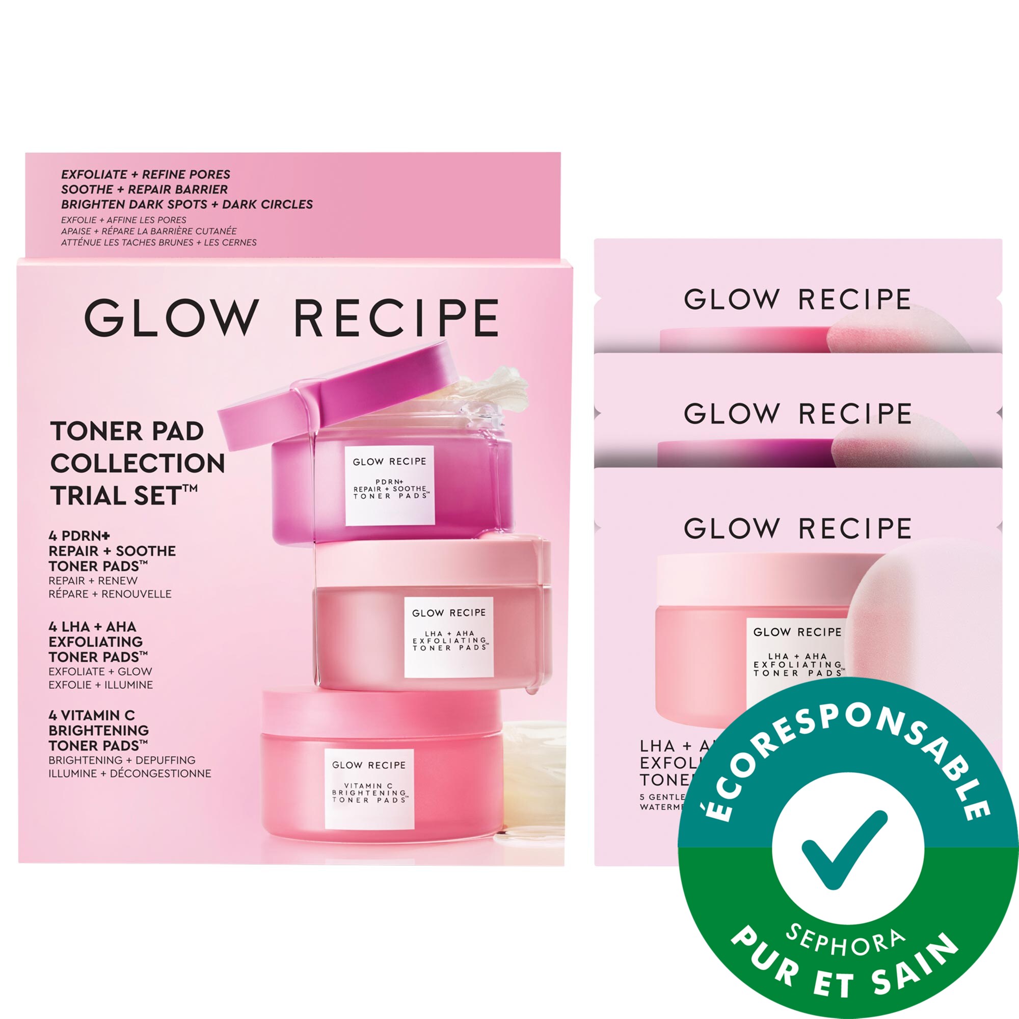 Glow Recipe Trousse coréenne de soins pour la peau à base de tampons toniques pour les pores, les taches pigmentaires et la réparation de la barrière cutanée 24 pads