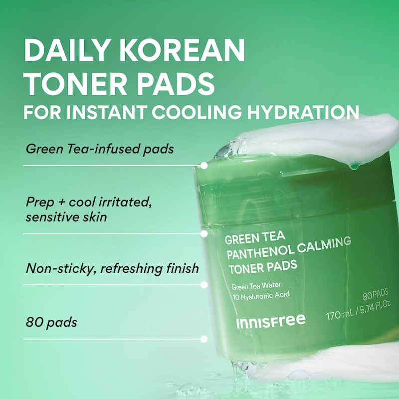Green Tea Korean Cooling Toner Pads with Hyaluronic Acid + Panthenol thumbnail 4