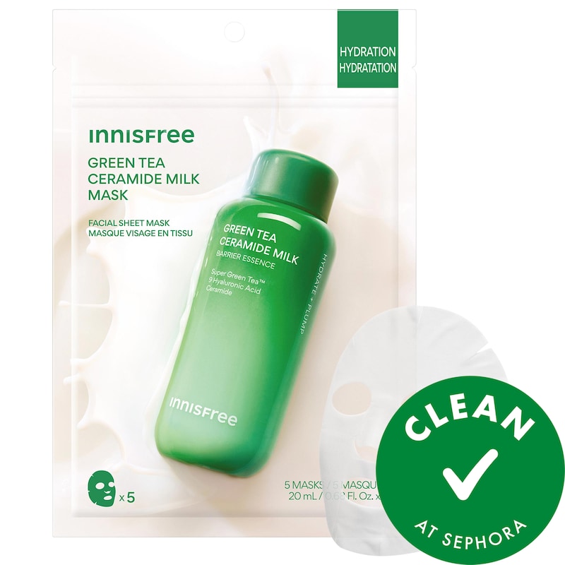 Green Tea Korean Ceramide Milk Sheet Mask 5-Pack for Hydration & Barrier Repair